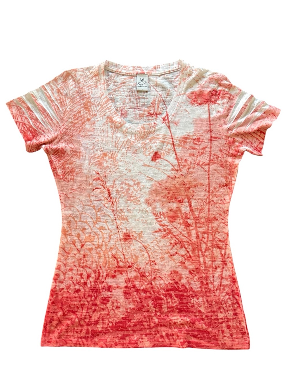 Kuhl Women’s Coral Ombre Floral Scoop Neck Short Sleeve Hiking Top Large